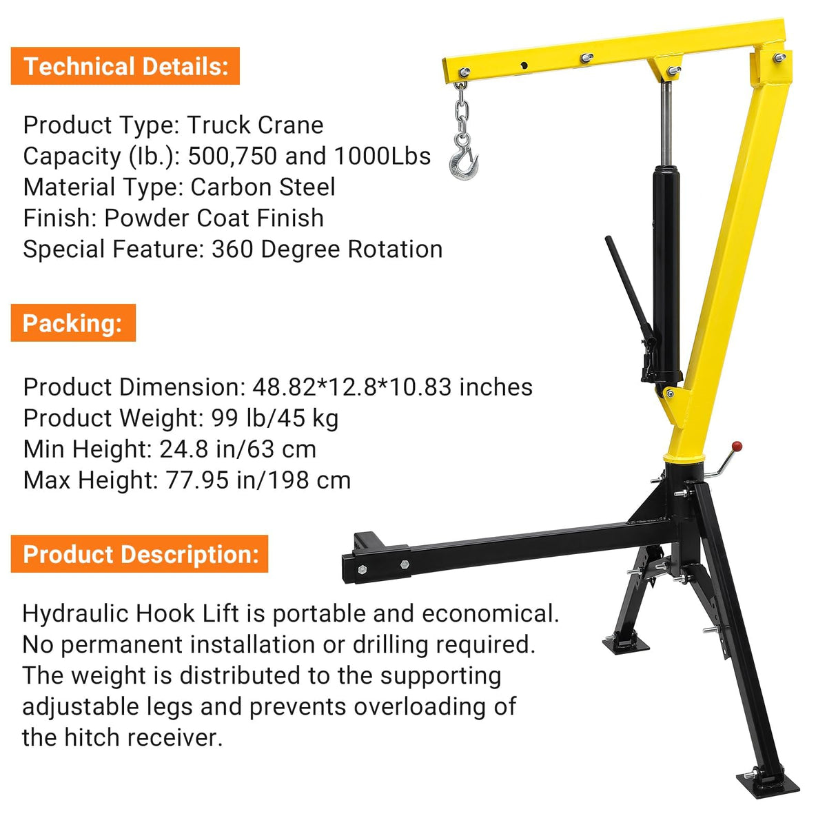 1000 LBS Hydraulic Truck-Mounted Crane with 360° Swivel A764202