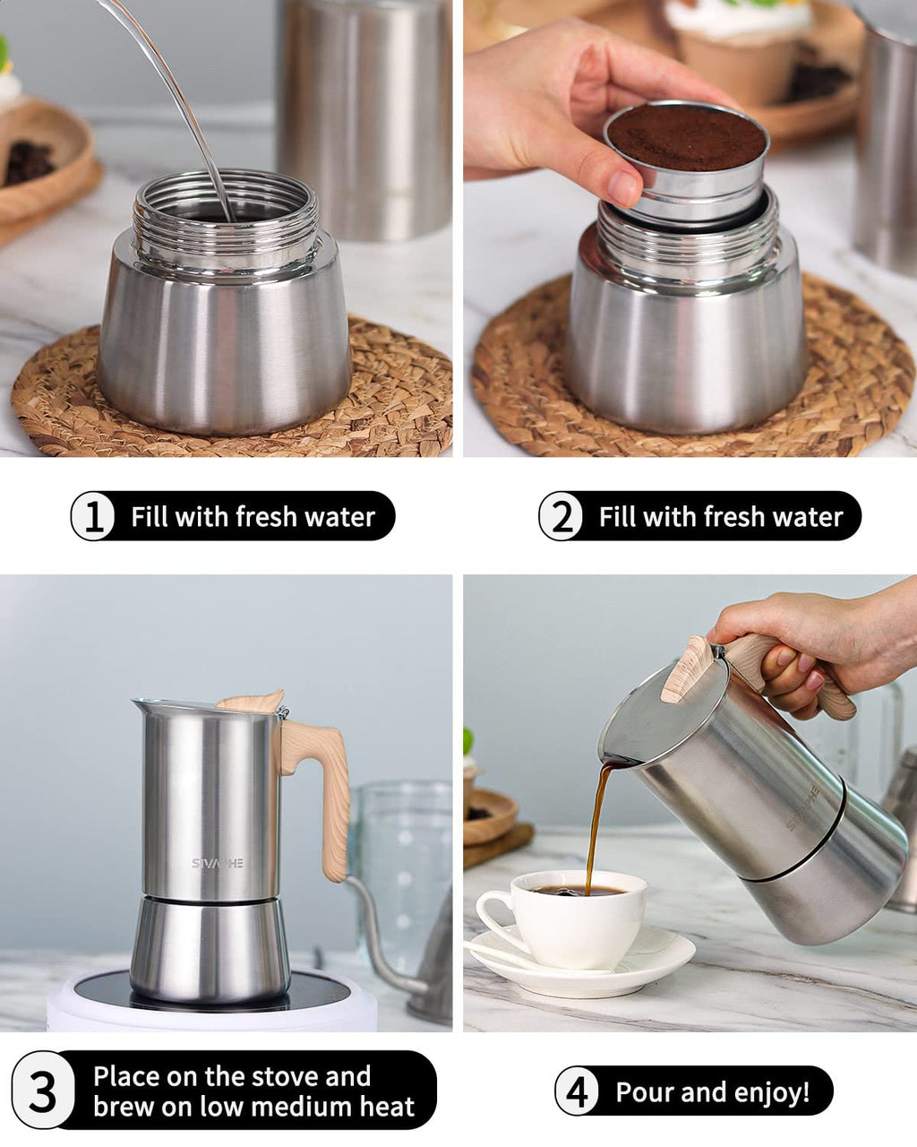 4 Cups Stainless Steel Stovetop Espresso Coffee Maker 10 oz Moka Pot L121397