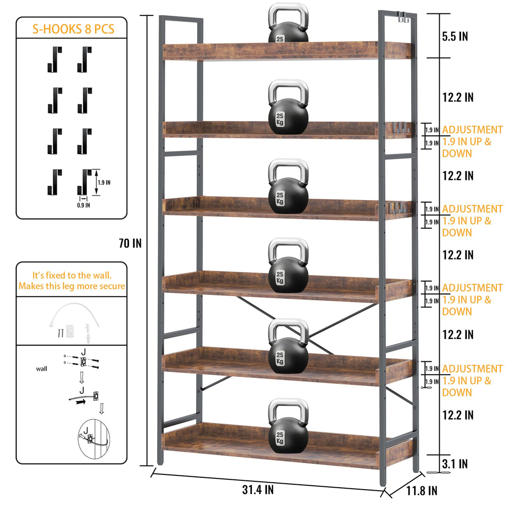 Adjustable 6-Tier Wood and Black Metal Bookshelf D19608