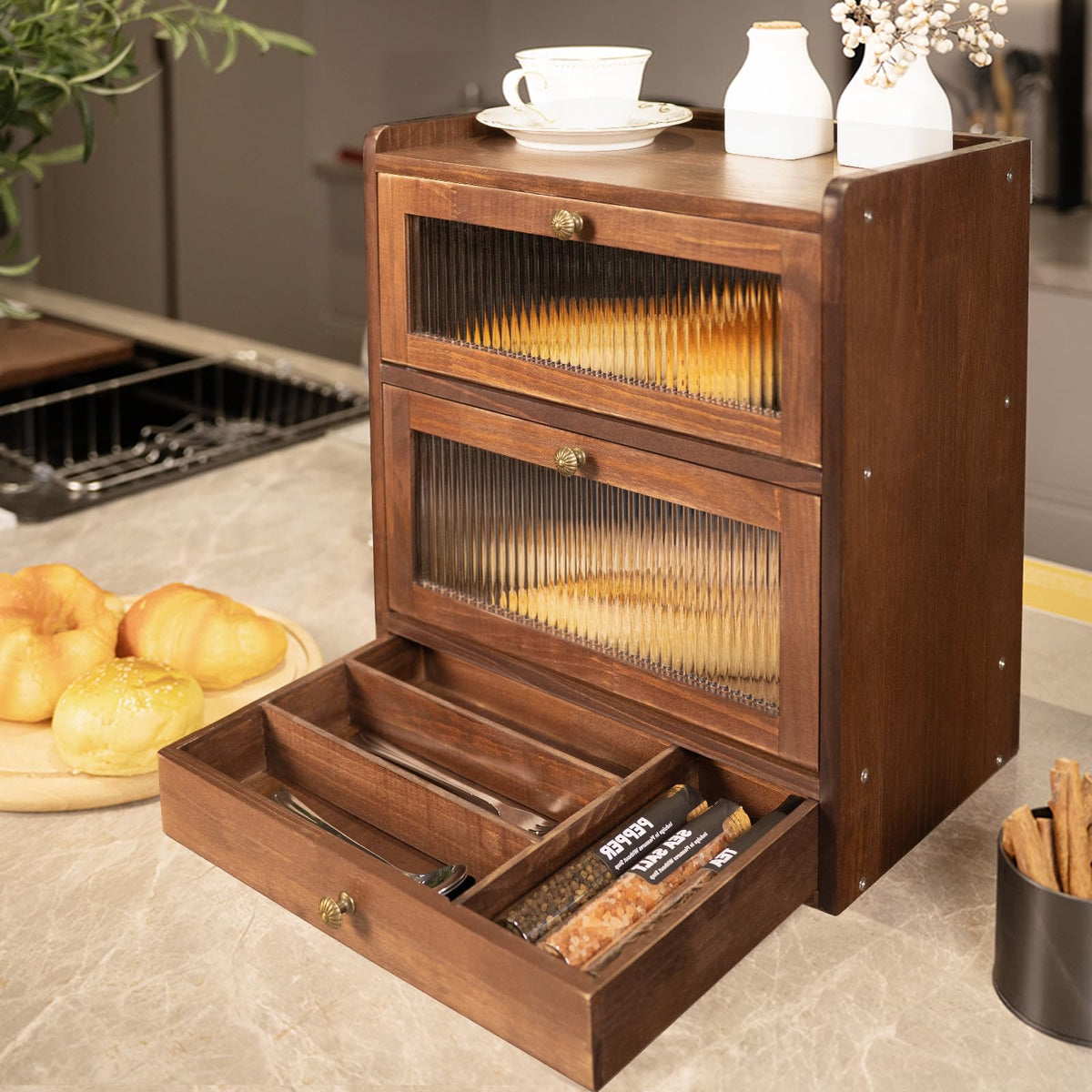 Wood Bread Box with Cutlery Drawer N445986