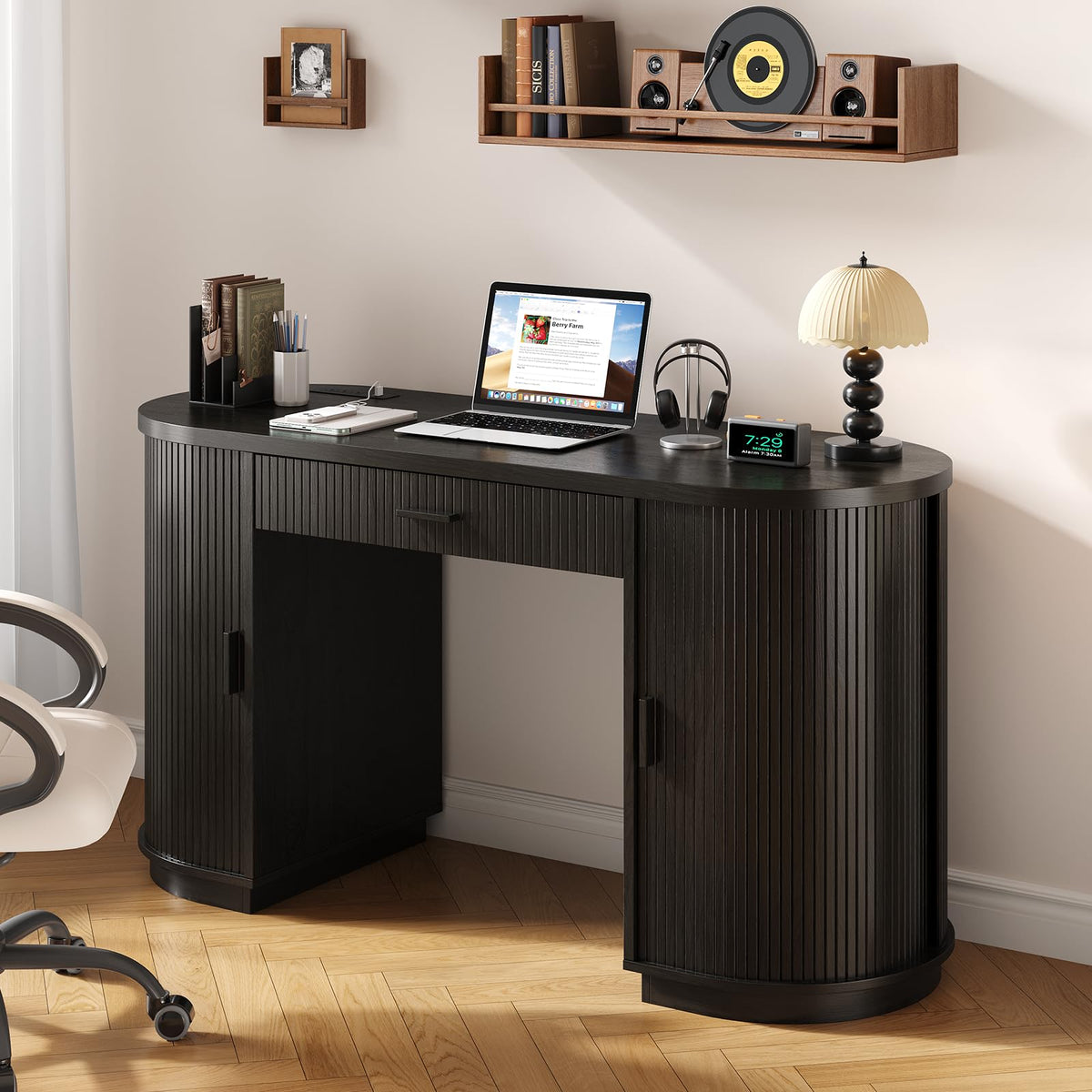 58" Fluted Executive Desk with Storage Drawer, Black E993570