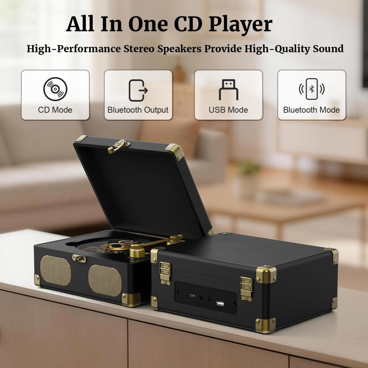 Black Portable CD Player with Speakers, Bluetooth, Remote Control, USB Playback U85741