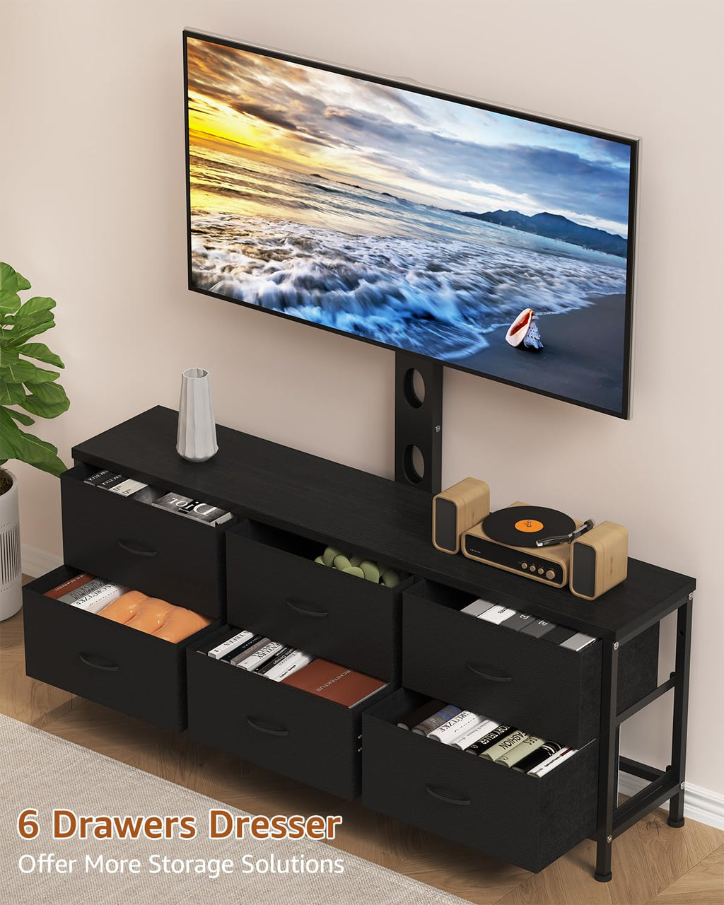 Black 6 Drawer TV Stand with Mount F896