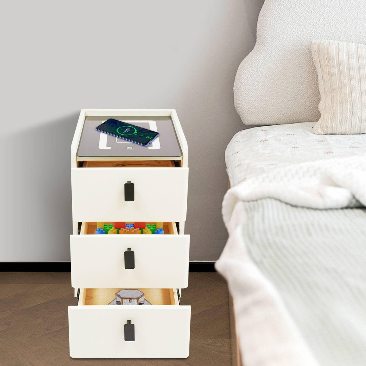 White Smart Nightstand with Wireless Charging Station & Adjustable LED Lights, 3 Drawers A719