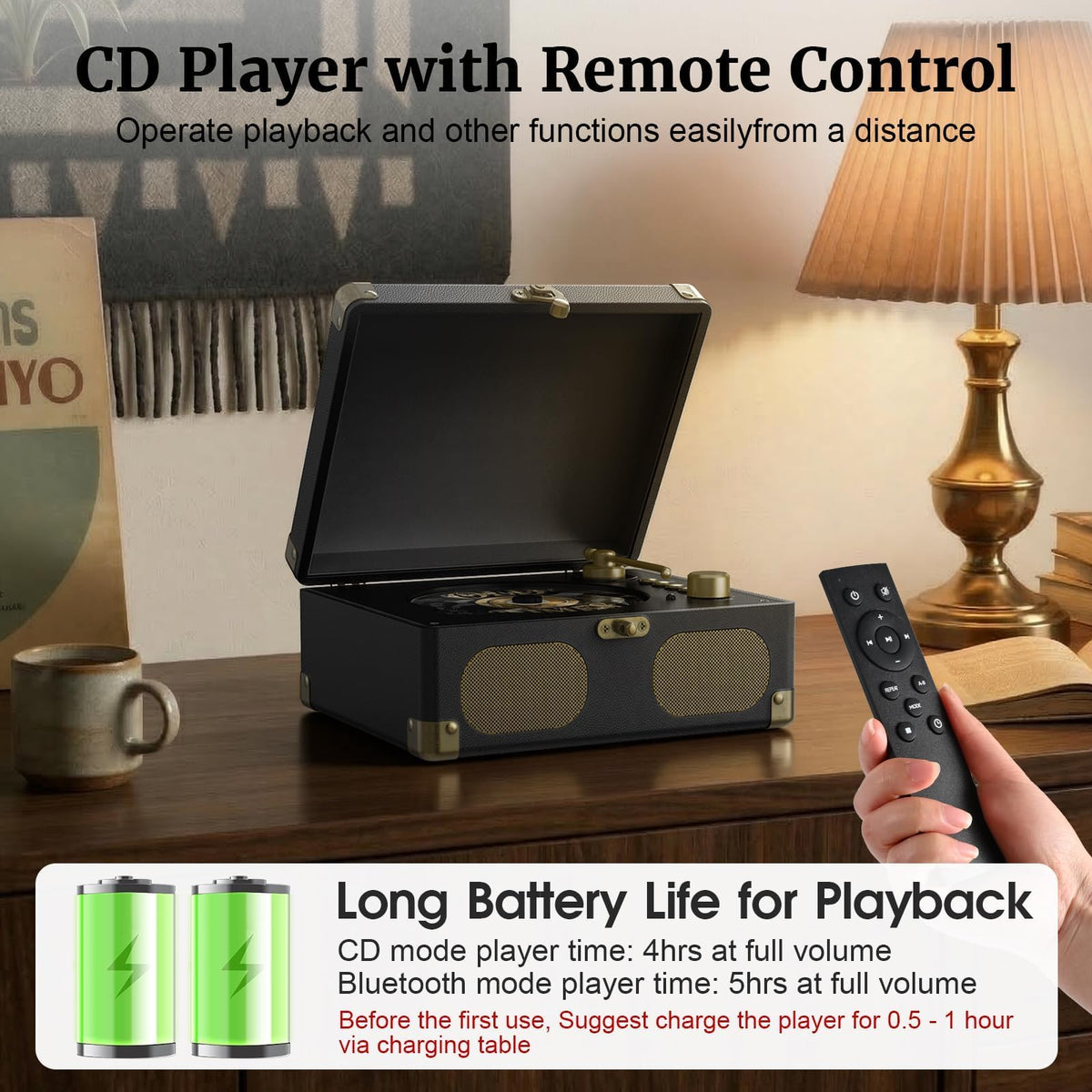 Black Portable CD Player with Speakers, Bluetooth, Remote Control, USB Playback U85741