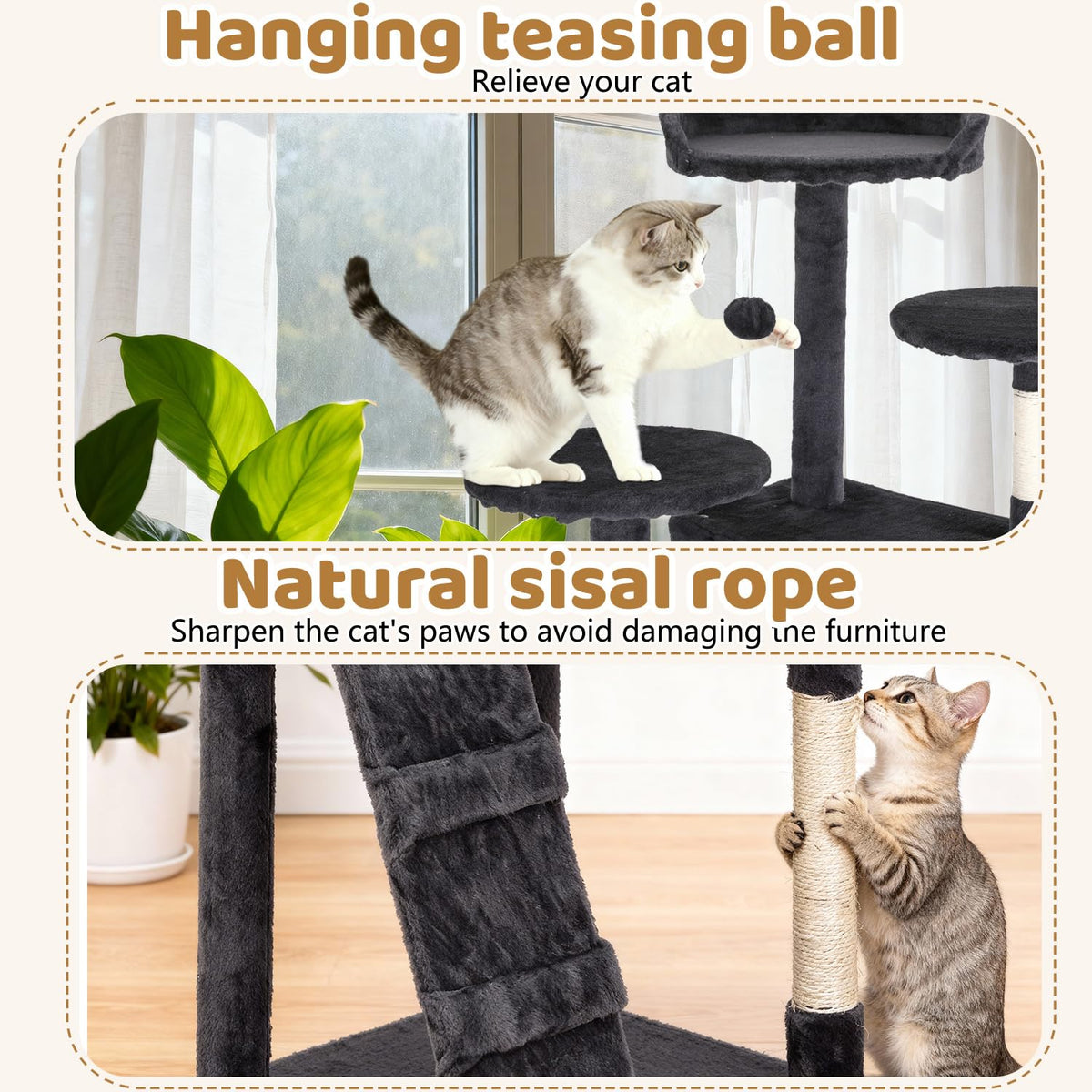 70 Inch Dark Gray Multi-Level Cat Tree with Condo A882