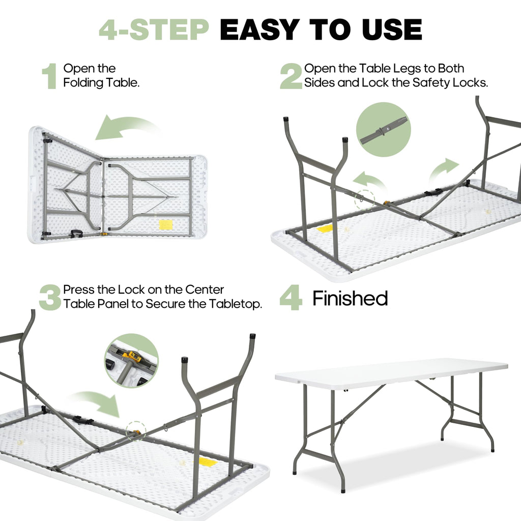 Folding Table 6ft Heavy-Duty 500lbs HDPE Steel White V49262