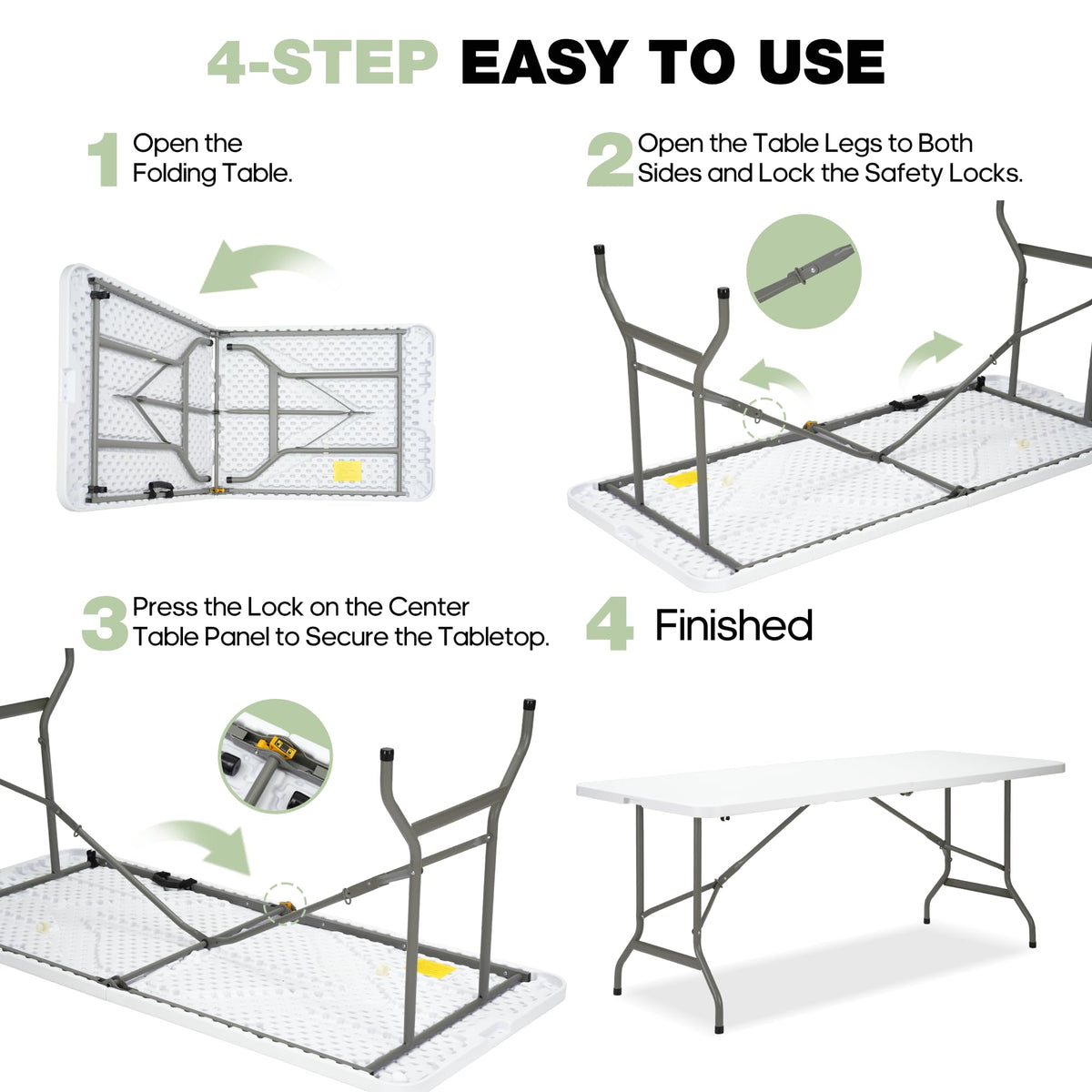 Folding Table 6ft Heavy-Duty 500lbs HDPE Steel White V49262