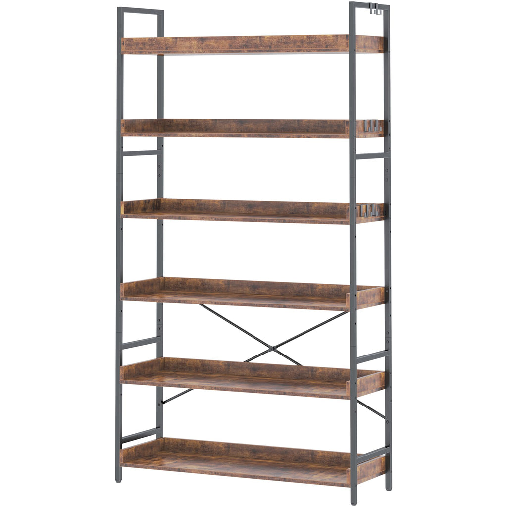 Adjustable 6-Tier Wood and Black Metal Bookshelf D19608