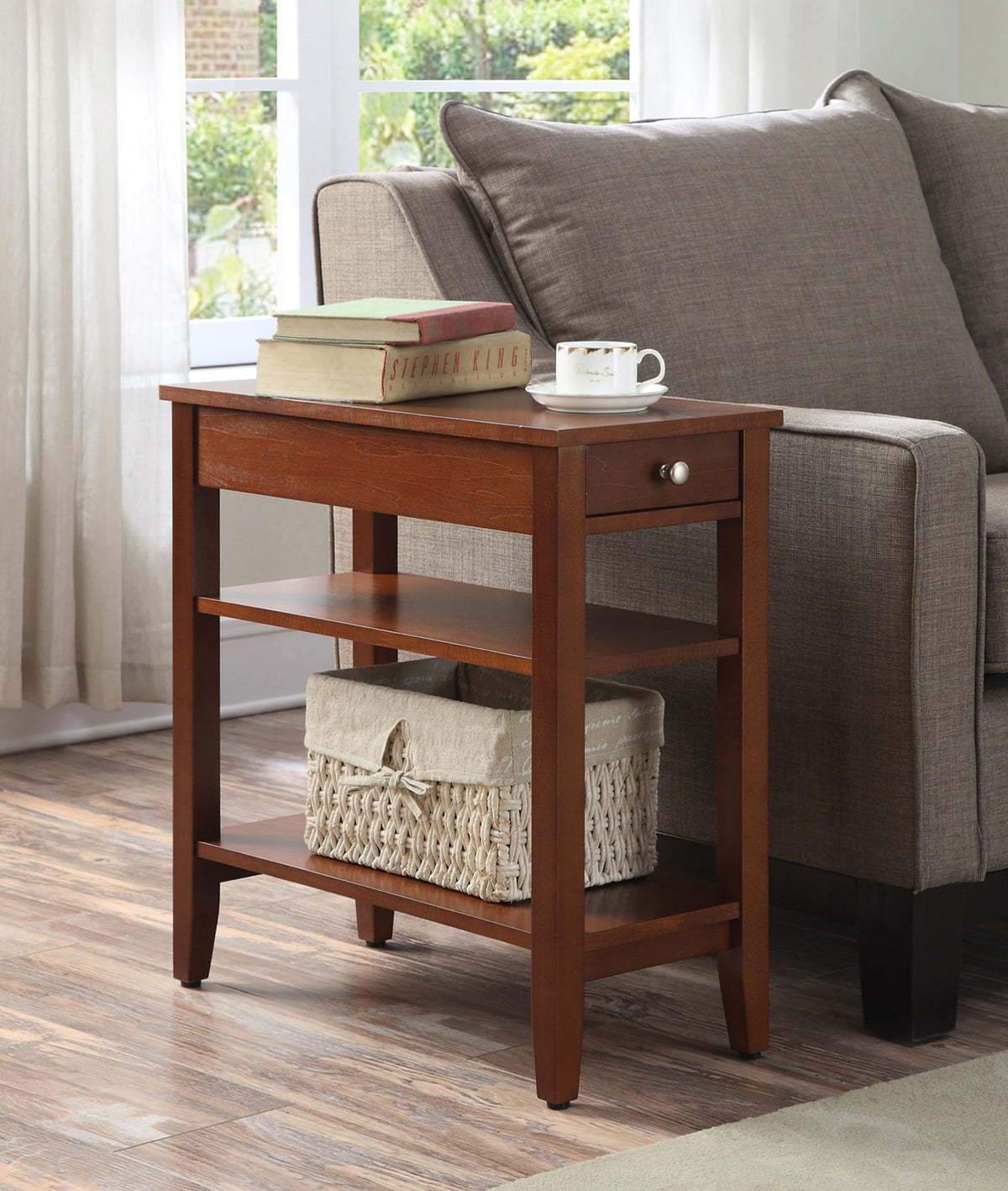 Cherry Chairside End Table with Storage Drawer & Shelves U192