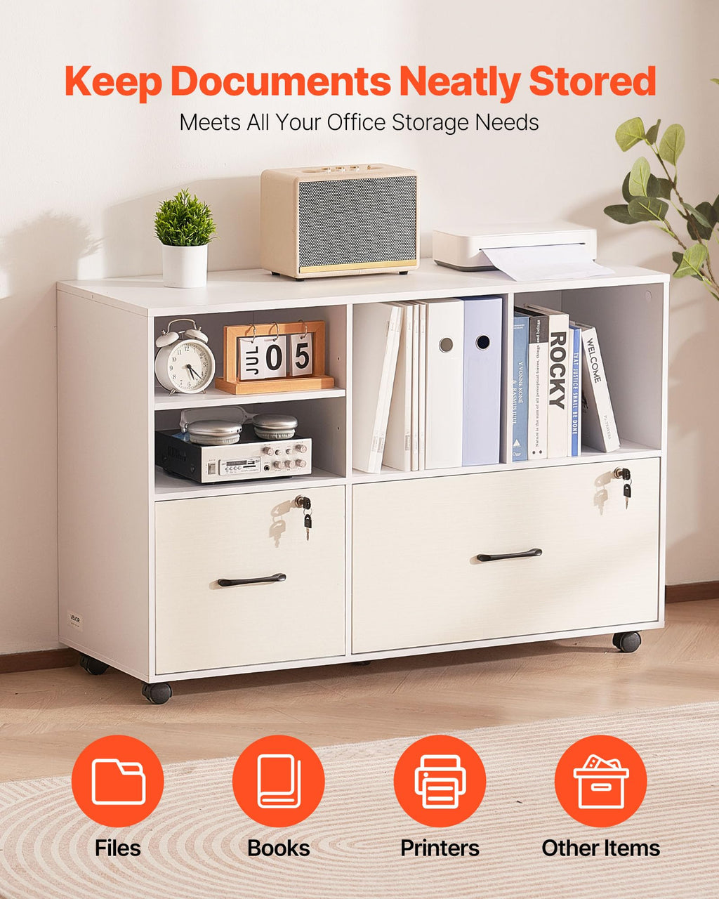 White 2 Drawer Wooden Lockable Mobile File Cabinet P84268