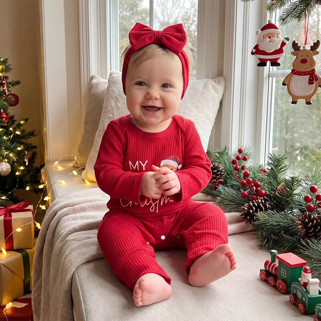 Christmas Baby Girl Long Sleeve Romper Headband W8443