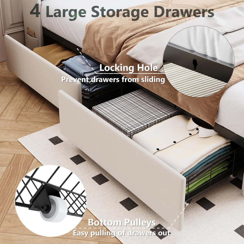Beige Upholstered Full Size Bed Frame with 4 Drawers and Storage Headboard V286689