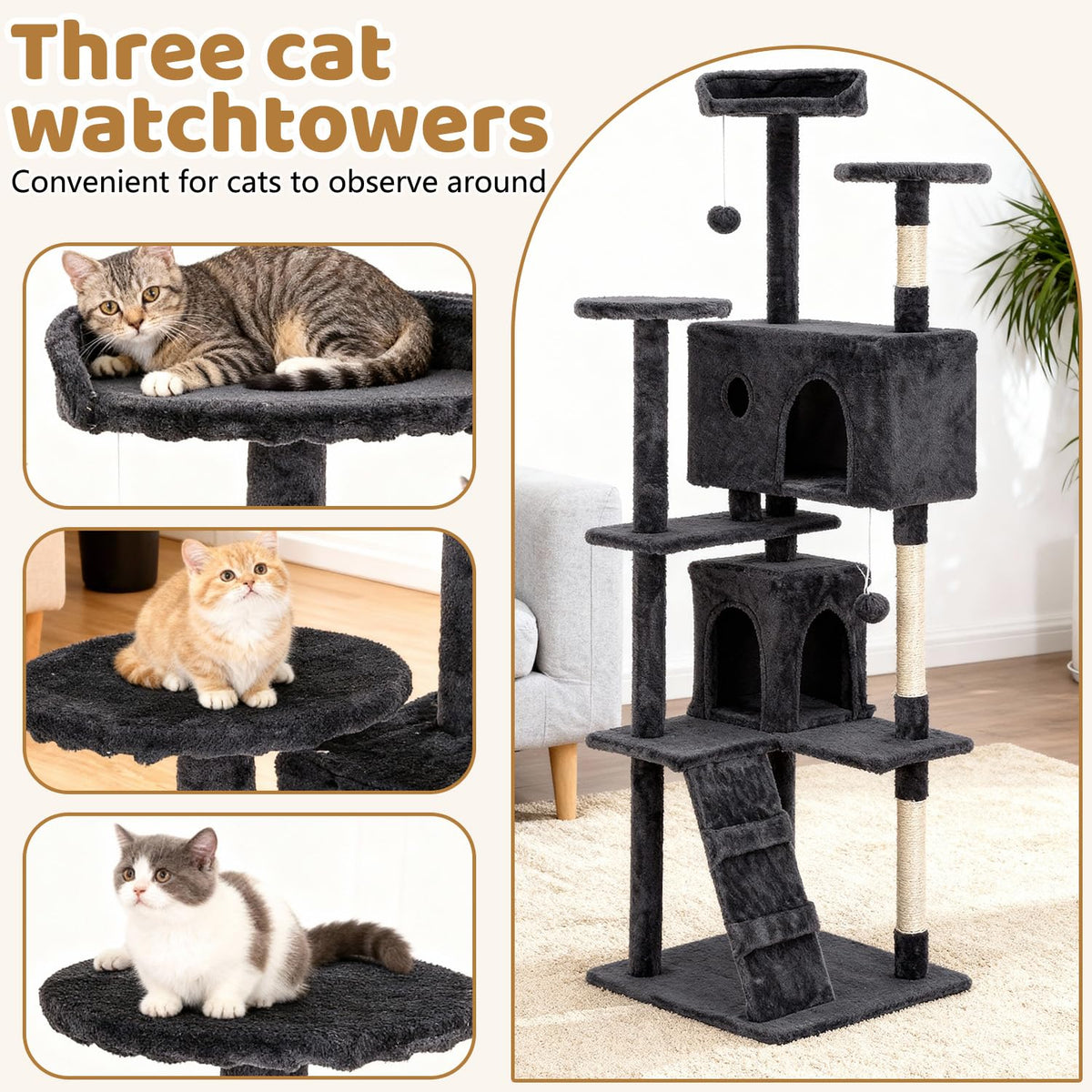 70 Inch Dark Gray Multi-Level Cat Tree with Condo A882