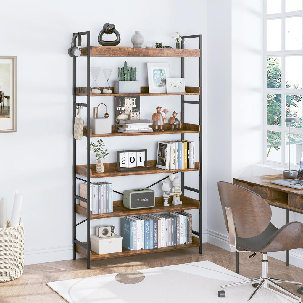 Adjustable 6-Tier Wood and Black Metal Bookshelf D19608