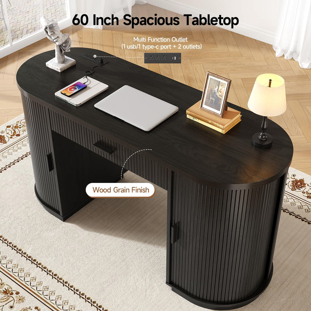 58" Fluted Executive Desk with Storage Drawer, Black E993570
