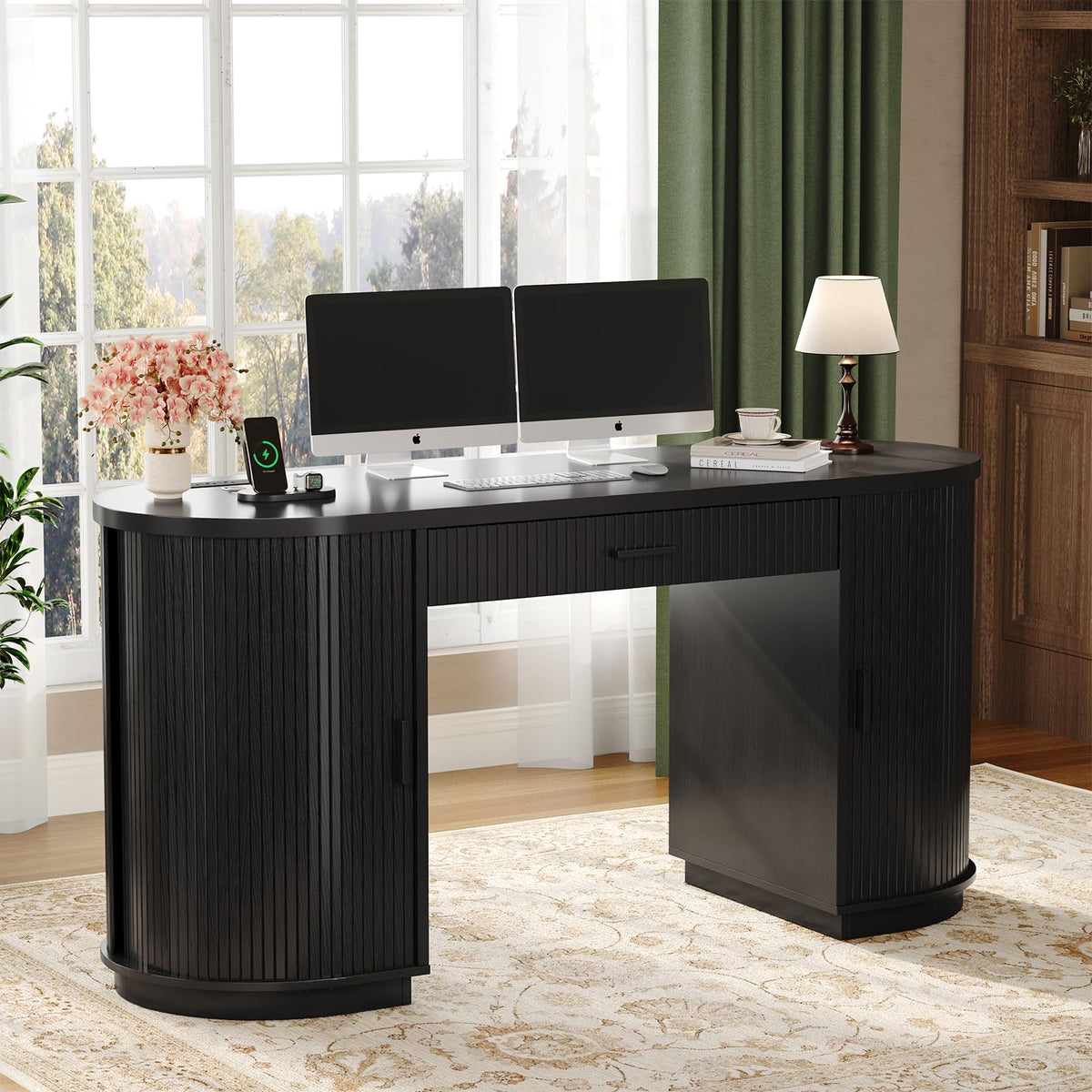 58" Fluted Executive Desk with Storage Drawer, Black E993570