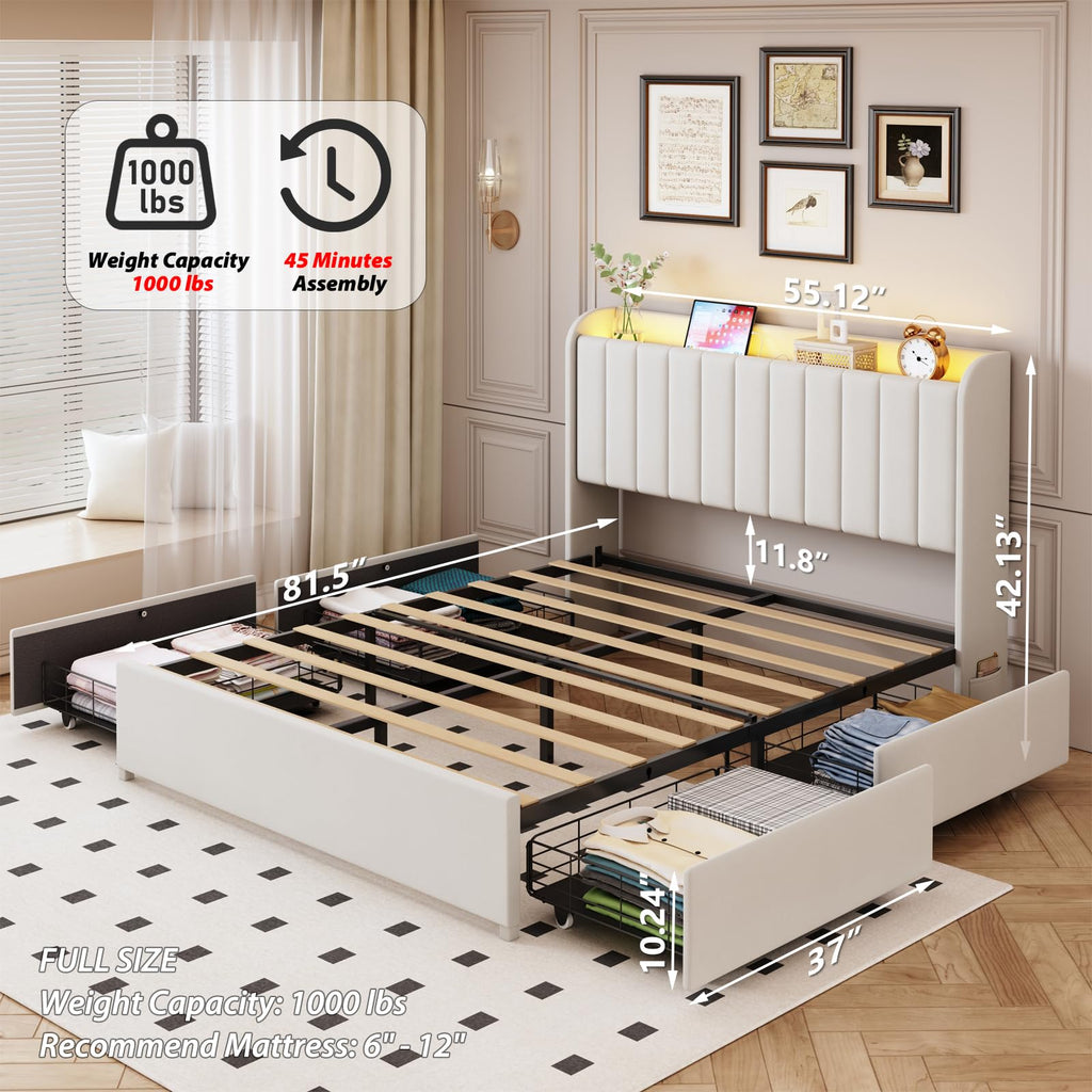 Beige Upholstered Full Size Bed Frame with 4 Drawers and Storage Headboard V286689