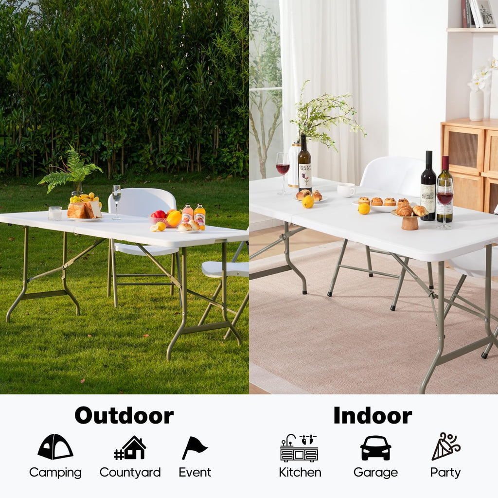 Folding Table 6ft Heavy-Duty 500lbs HDPE Steel White V49262