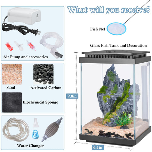 1 Gallon Small Glass Aquarium with Air Pump LED Light B92643