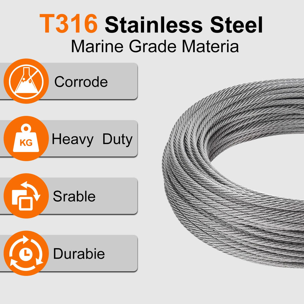 1/8 Stainless Steel Cable 200ft T316 Wire Rope with 8" Cutter E92097