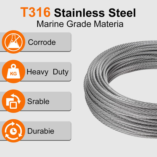 1/8 Stainless Steel Cable 200ft T316 Wire Rope with 8" Cutter E92097