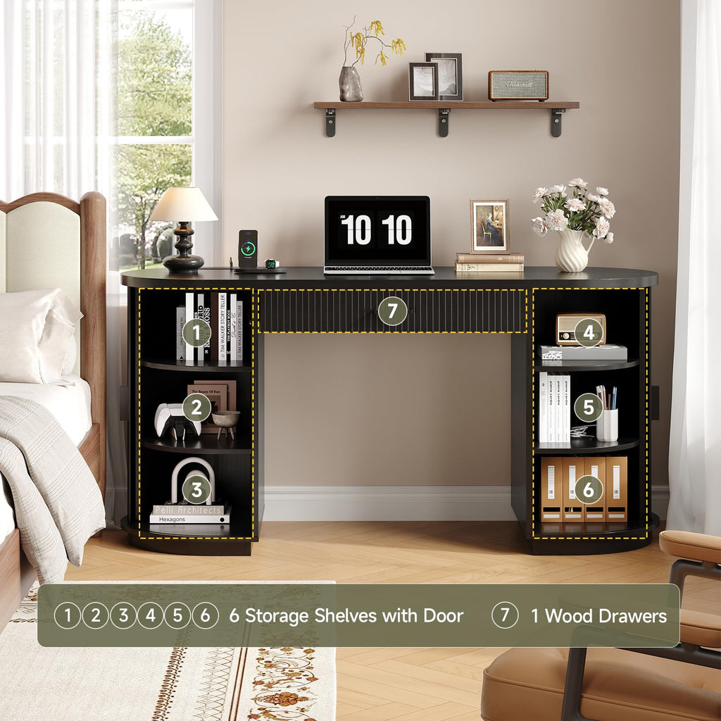 58" Fluted Executive Desk with Storage Drawer, Black E993570