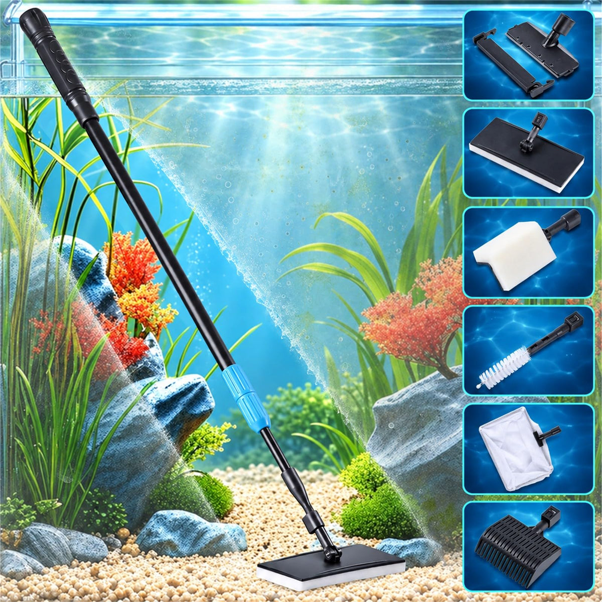 6 in 1 Aquarium Cleaning Tool Kit with Telescopic Long Handle C7696