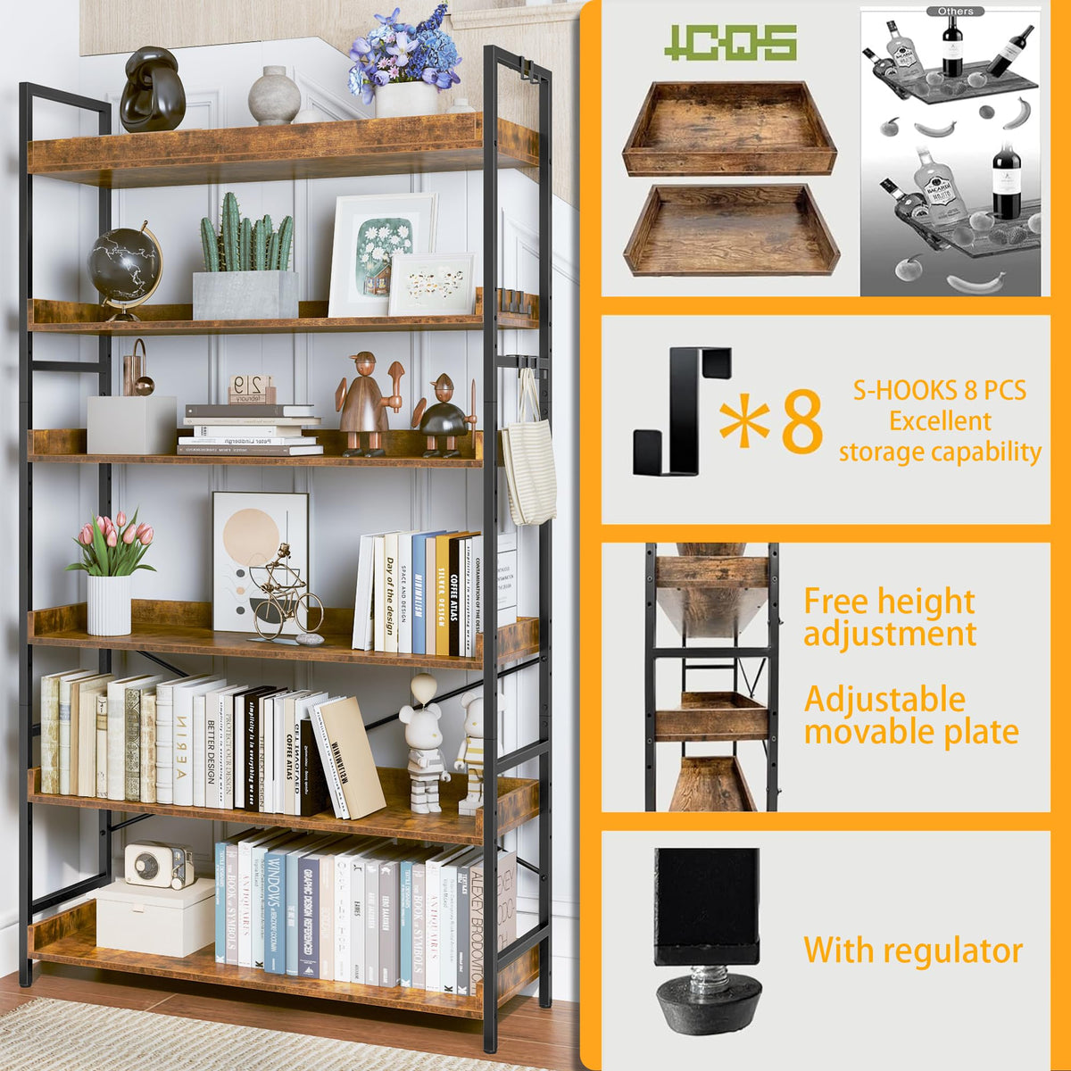 Adjustable 6-Tier Wood and Black Metal Bookshelf D19608