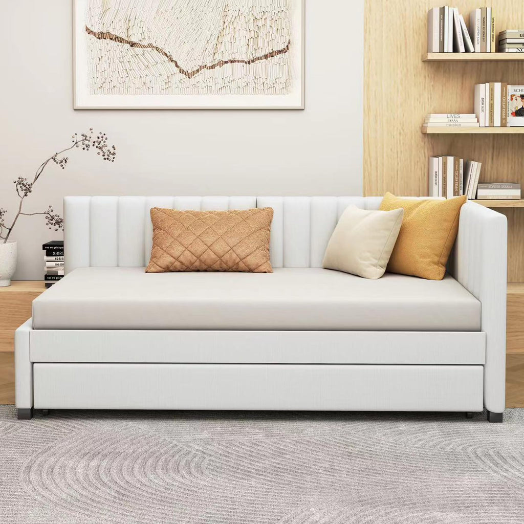 Beige Linen Twin Daybed with Pull-Out Trundle O3335