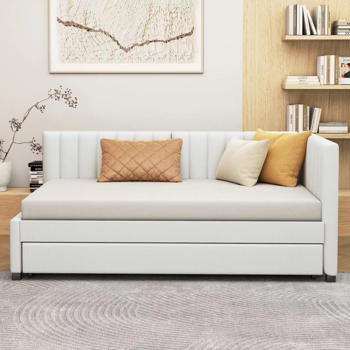 Beige Linen Twin Daybed with Pull-Out Trundle O3335