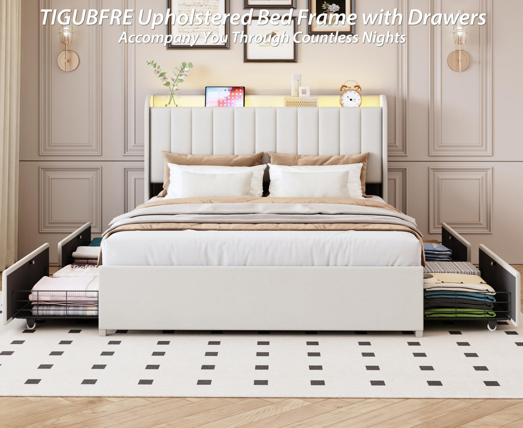 Beige Upholstered Full Size Bed Frame with 4 Drawers and Storage Headboard V286689