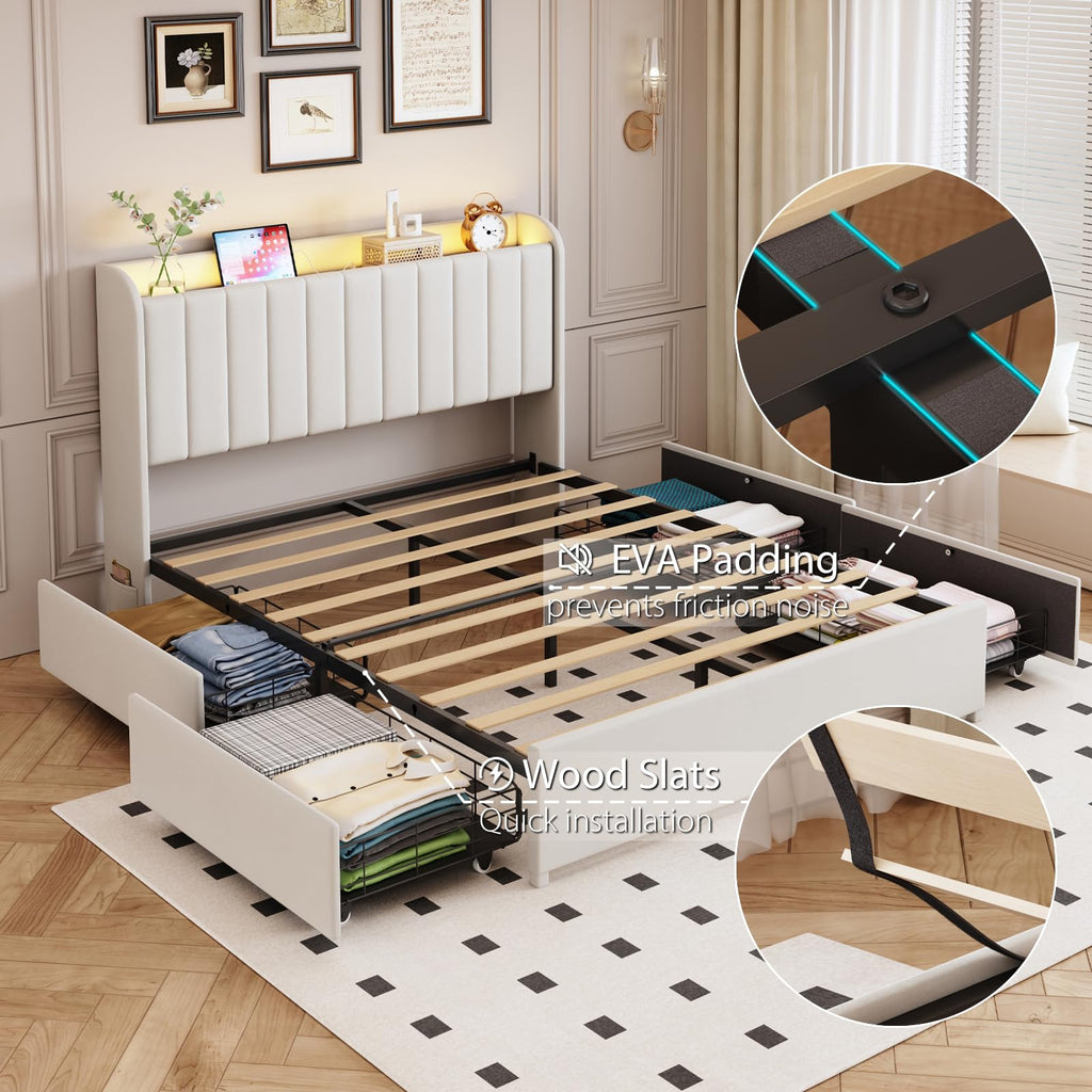 Beige Upholstered Full Size Bed Frame with 4 Drawers and Storage Headboard V286689