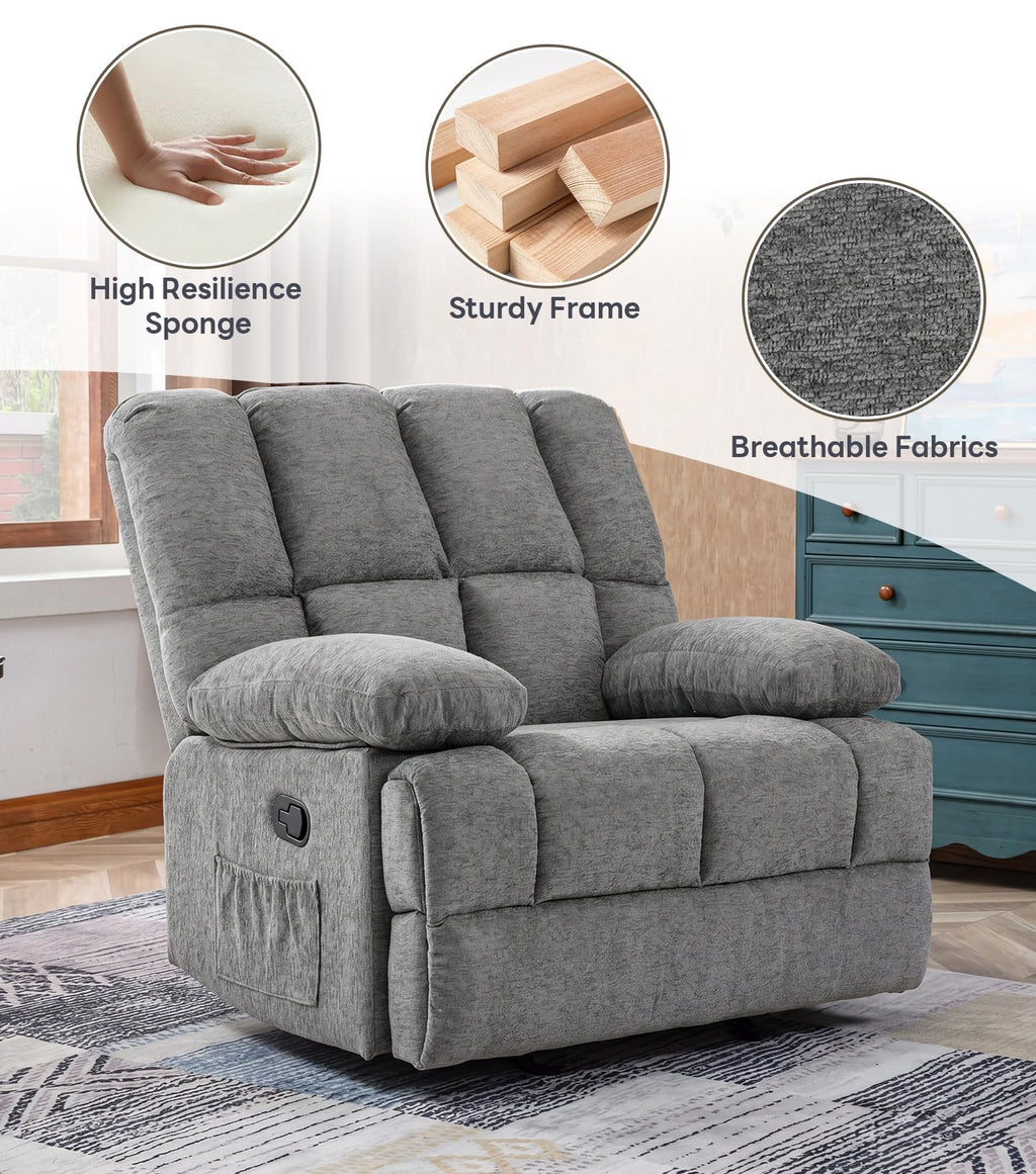 41" Oversized Chenille Rocker Recliner Chair Grey 350 LBS Capacity Q185188