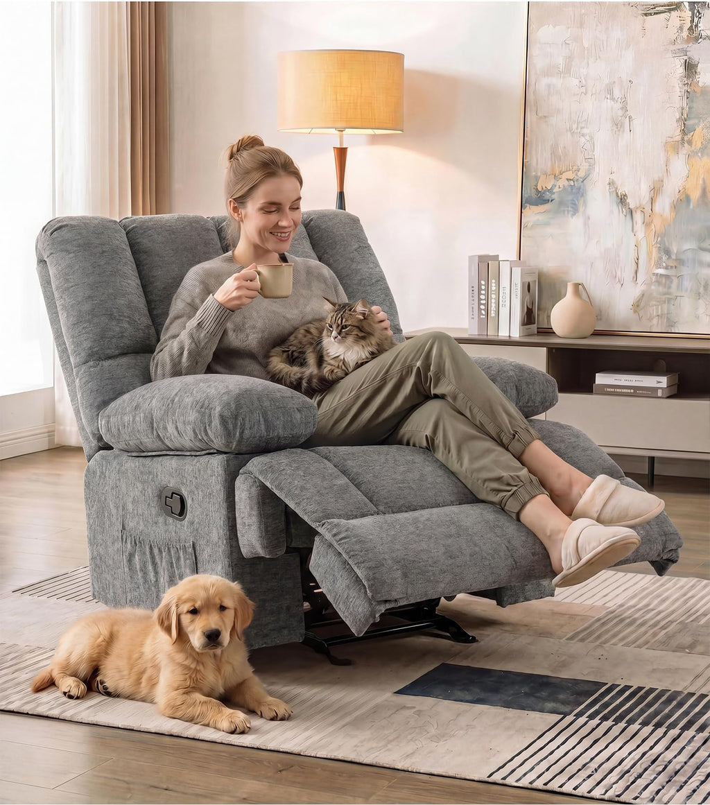 41" Oversized Chenille Rocker Recliner Chair Grey 350 LBS Capacity Q185188