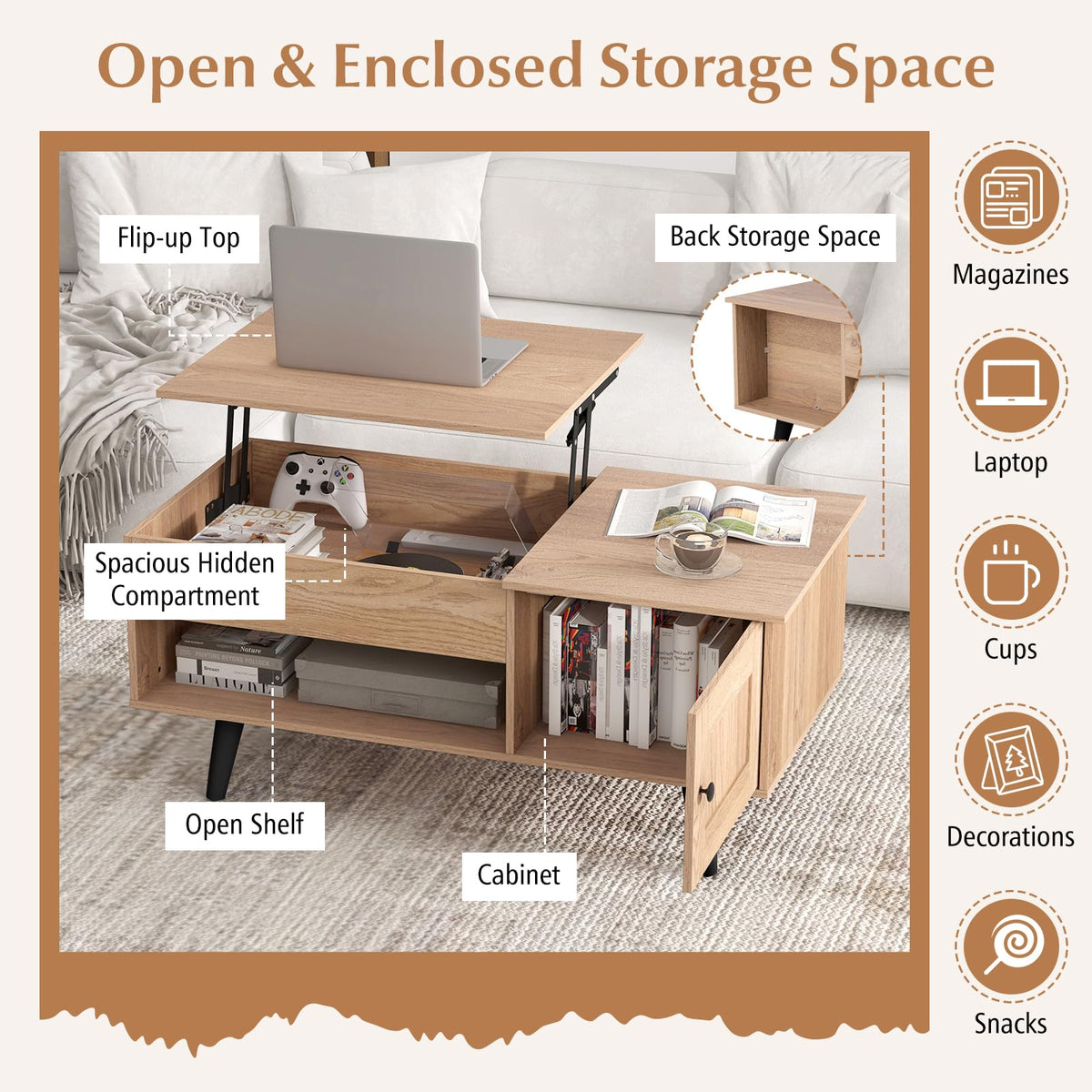 Lift Top Coffee Table with Storage and Hidden Compartment Z138
