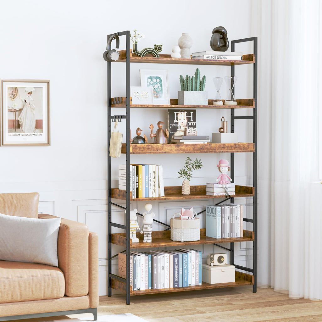 Adjustable 6-Tier Wood and Black Metal Bookshelf D19608