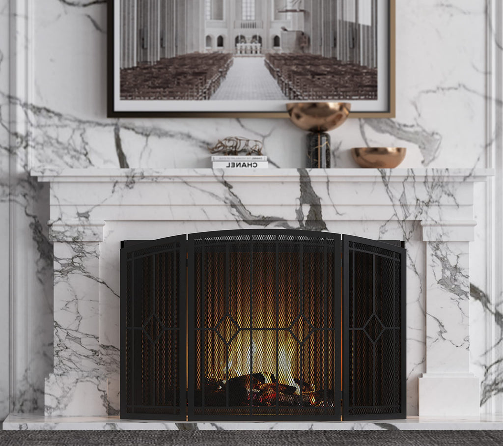 Wrought Iron Fireplace Screen 48"x30" Black Spark Guard S94068