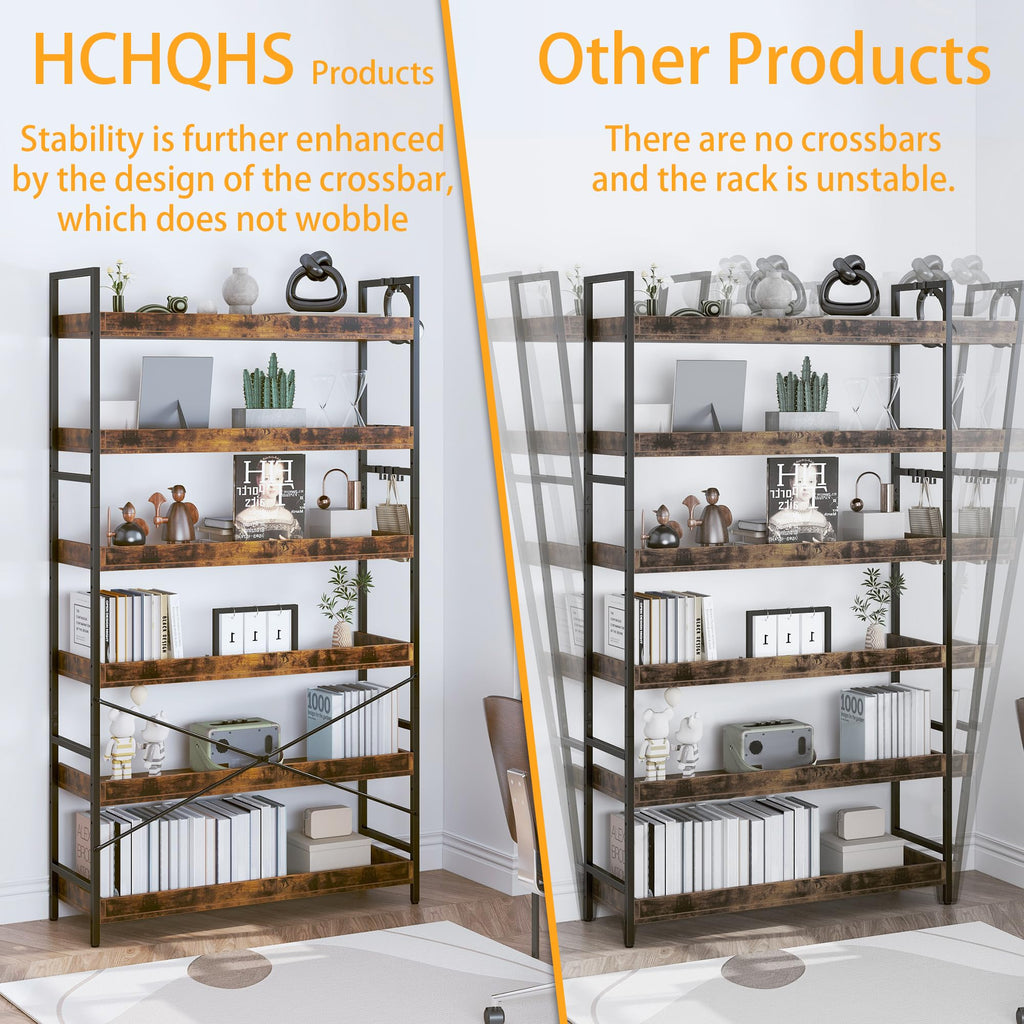 Adjustable 6-Tier Wood and Black Metal Bookshelf D19608