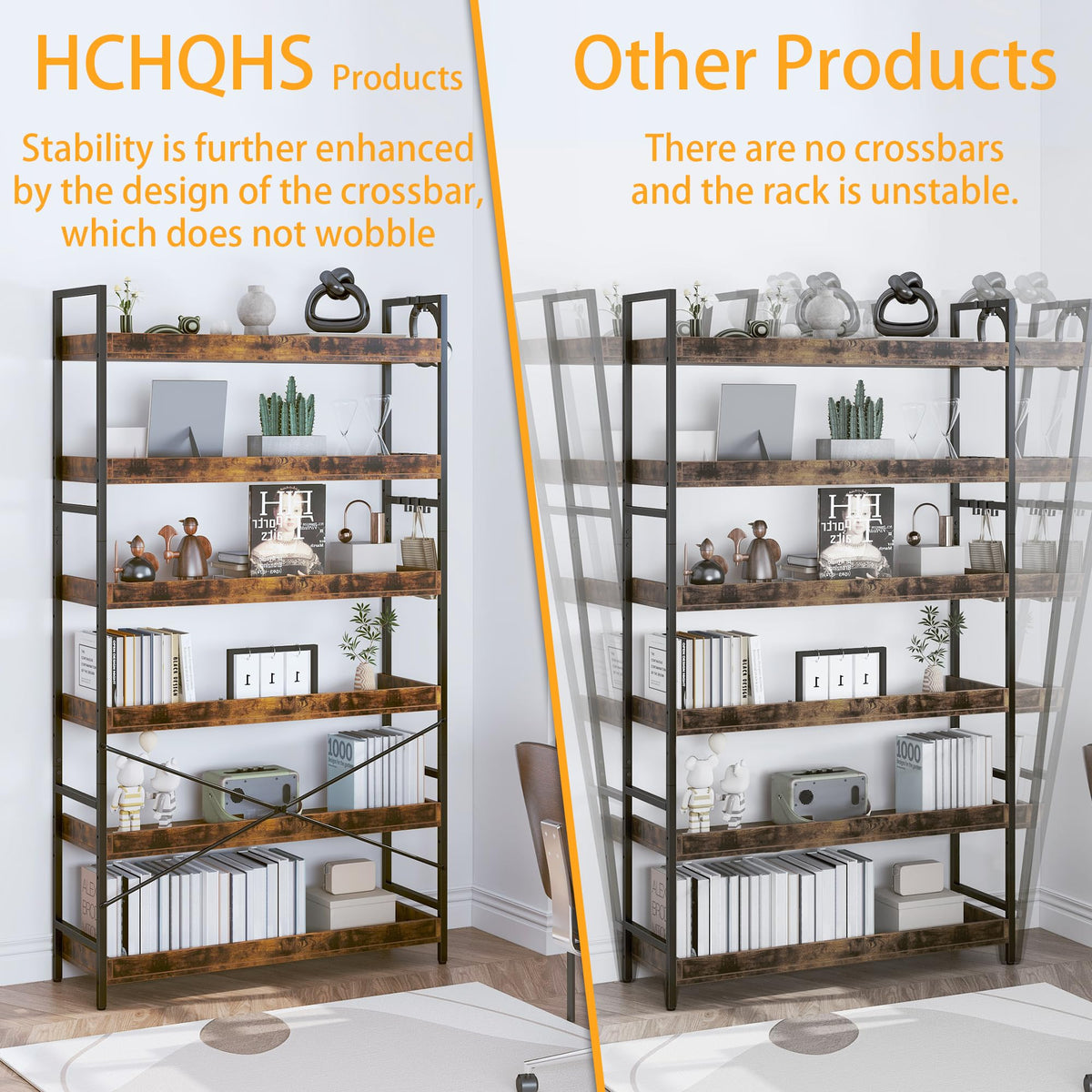 Adjustable 6-Tier Wood and Black Metal Bookshelf D19608
