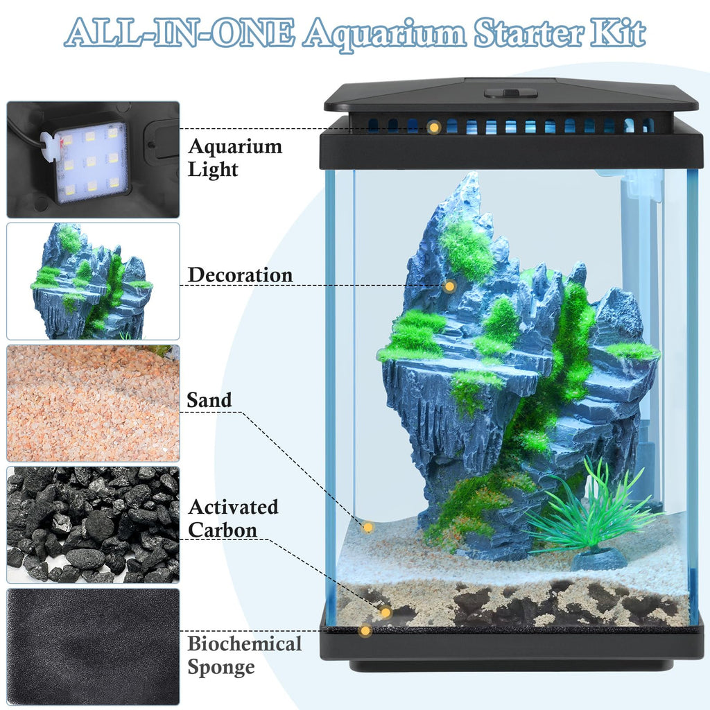 1 Gallon Small Glass Aquarium with Air Pump LED Light B92643