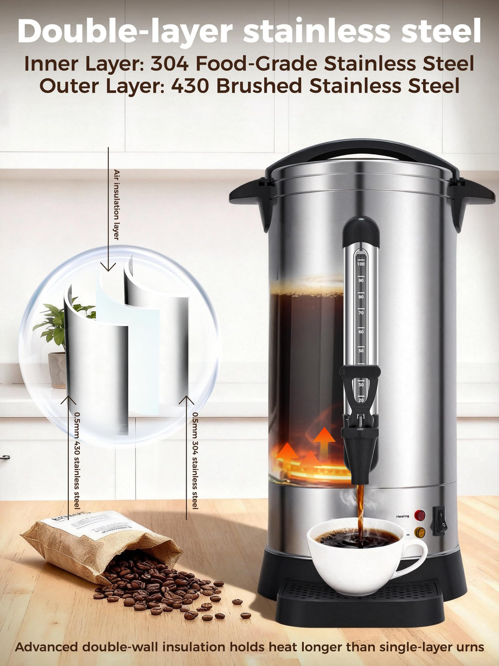 100-Cup Commercial Coffee Urn 15L Stainless Steel Percolator P4690