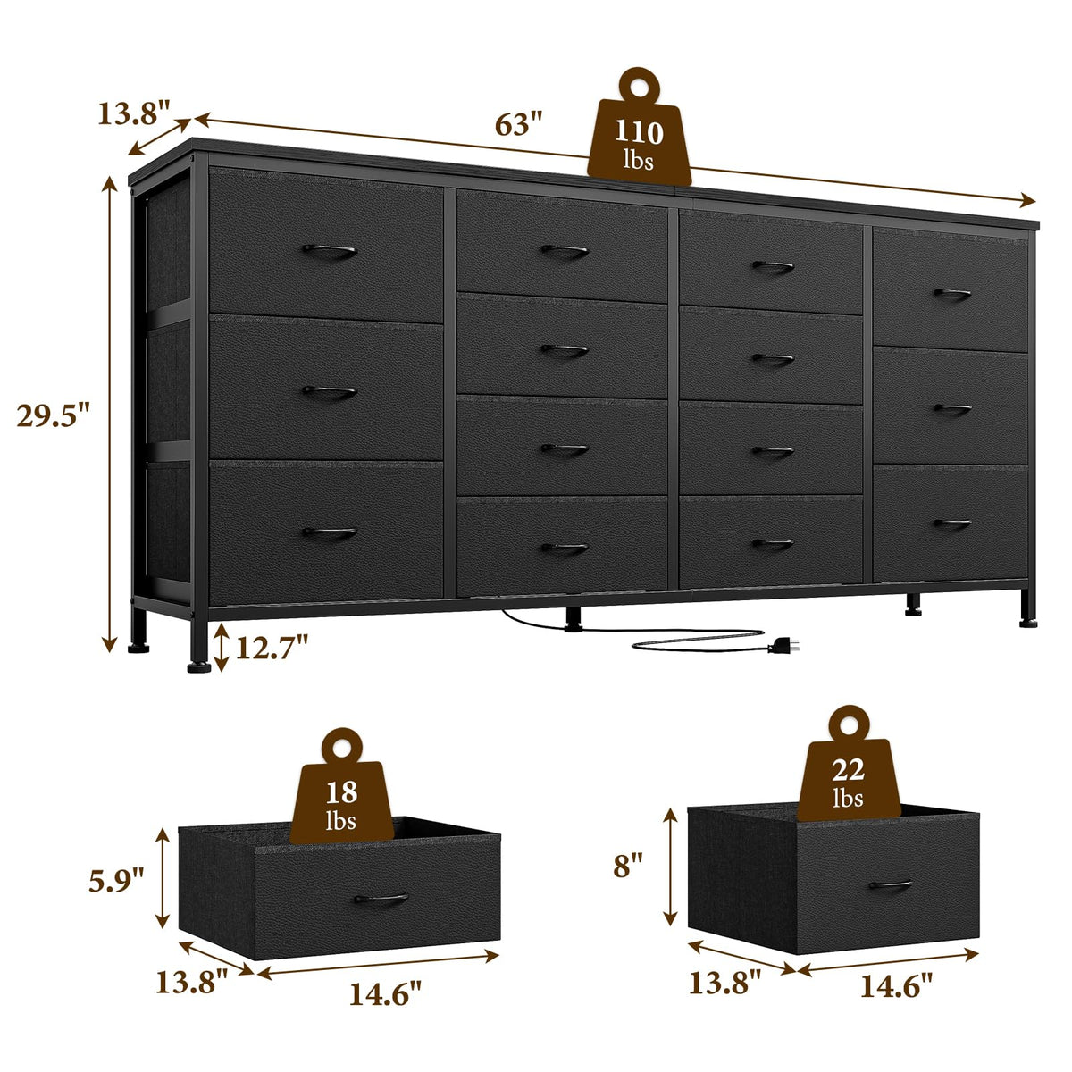 63 Inch Dresser with 14 Fabric Drawers T698803