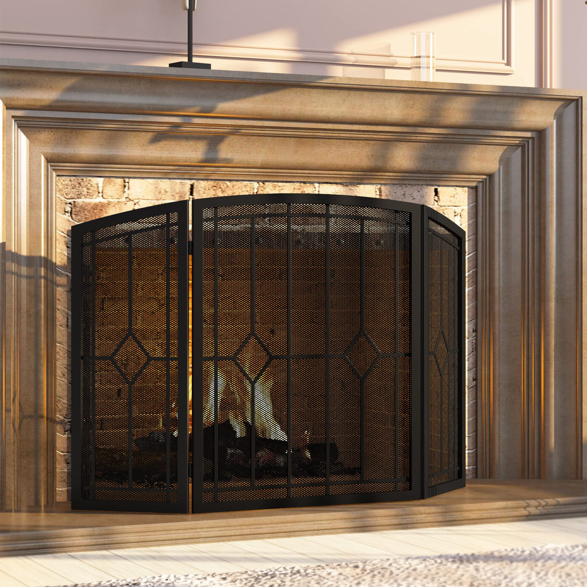 Wrought Iron Fireplace Screen 48"x30" Black Spark Guard S94068