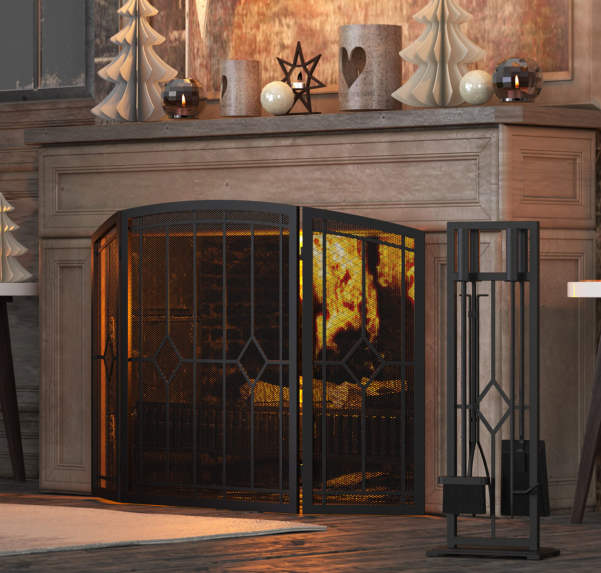 Wrought Iron Fireplace Screen 48"x30" Black Spark Guard S94068