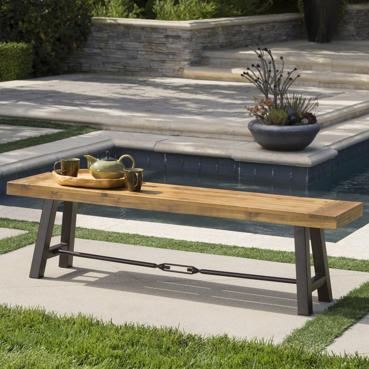 Acacia Wood Outdoor Bench with Metal Accents A93892