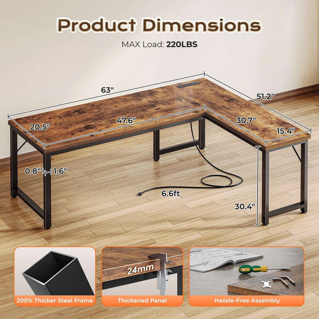63 Inch L Shaped Desk with Power Outlets N9978